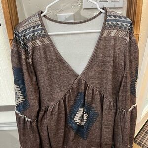 Brown and Blue Patterned V-Neck Top